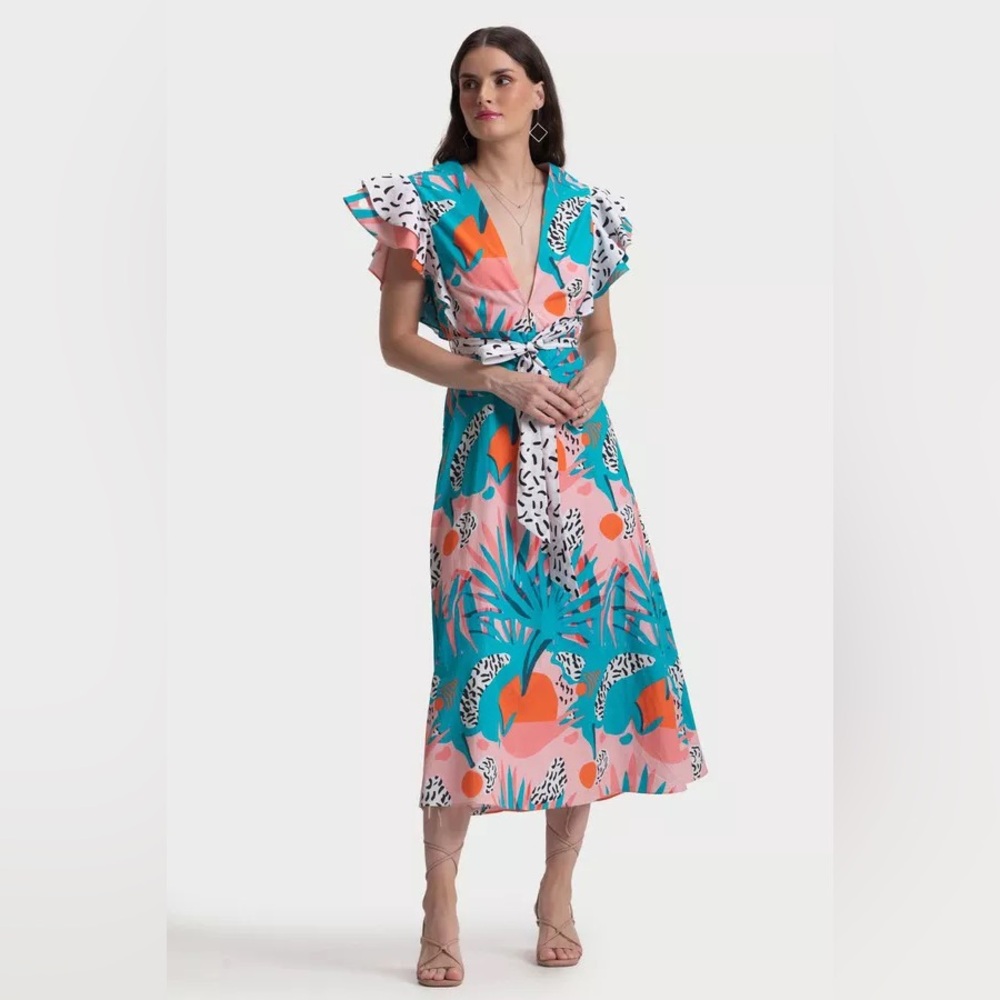 Ash & Eden Tropical Floral Spring Summer Vacation Midi Dress XS Colorful